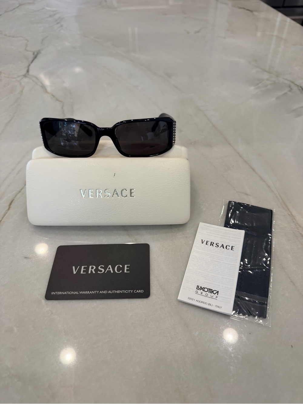 NWOT Versace Black Rectangular Sunglasses with Silver Logo AUTHENTIC